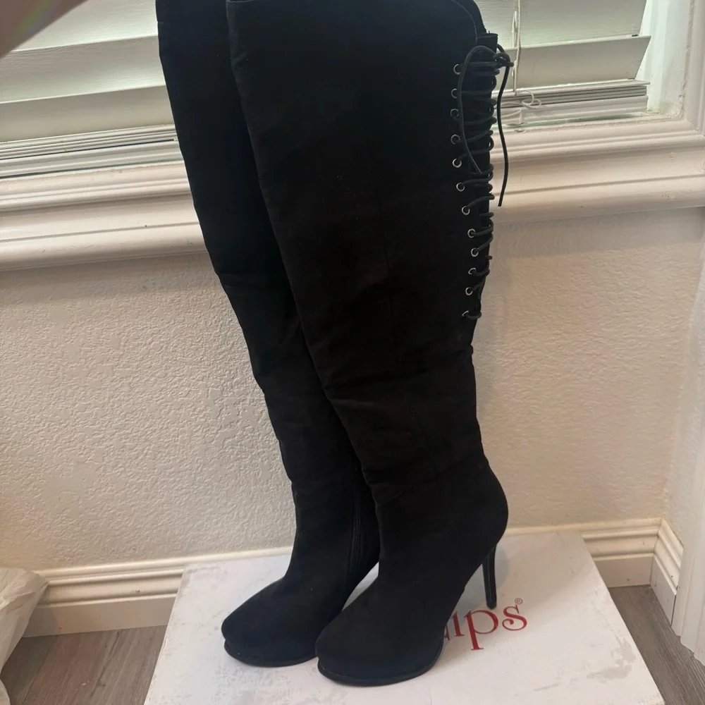 Elegant Black Over-the-Knee Boots, Black High Knee Boots, High Heel Boots